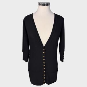 Hawthorne Medium Black V Neck Snap Front Cardigan Sweater 3/4 Sleeve